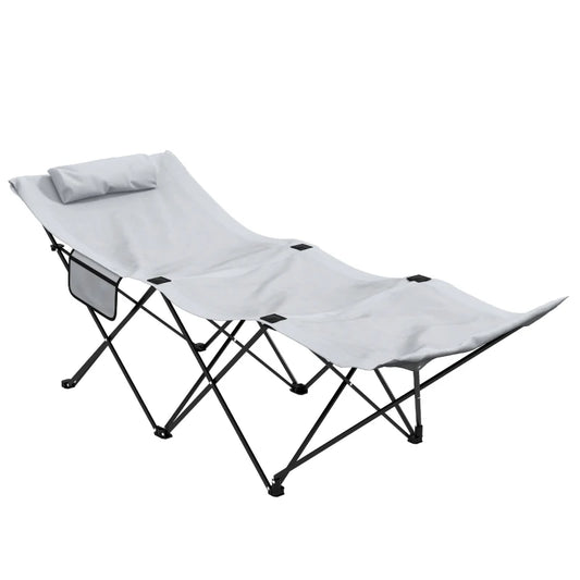 Outsunny Foldable Sun Lounger, Outdoor Tanning Sun Lounger Chair with Side Pocket, Headrest, Oxford Seat, for Beach, Yard, Patio, Light Grey