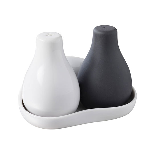 Revol Likid & Solid Ceramic Black & White Salt/Pepper Set On Tray 12x8x8.5cm Pack of 2