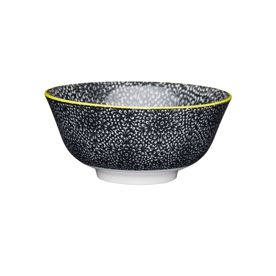 Kitchencraft Ceramic Black & White Floral Round Bowl 15.7cm Pack of 4