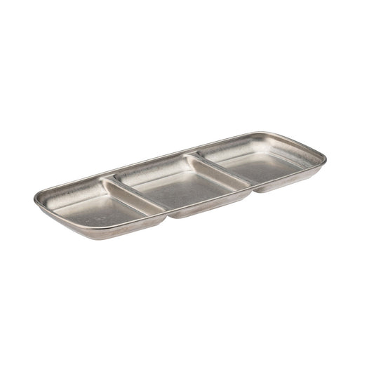 Utopia Artemis Rumbled Stainless Steel Silver Rectangular Triple Dip Tray 22.5x9cm Pack of 12