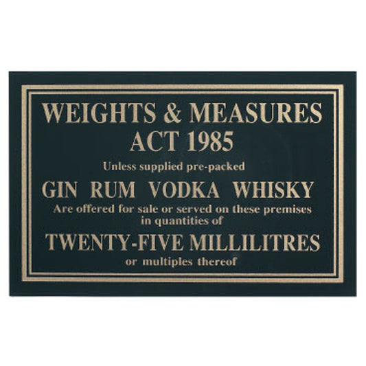 Mileta Black Gloss Rectangle Sign - Weights & Measures Act - 25ml 17 x 11cm