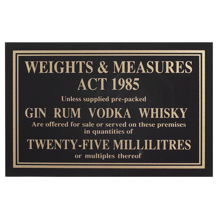 Mileta Black Gloss Rectangle Sign - Weights & Measures Act - 35ml 17 x 11cm