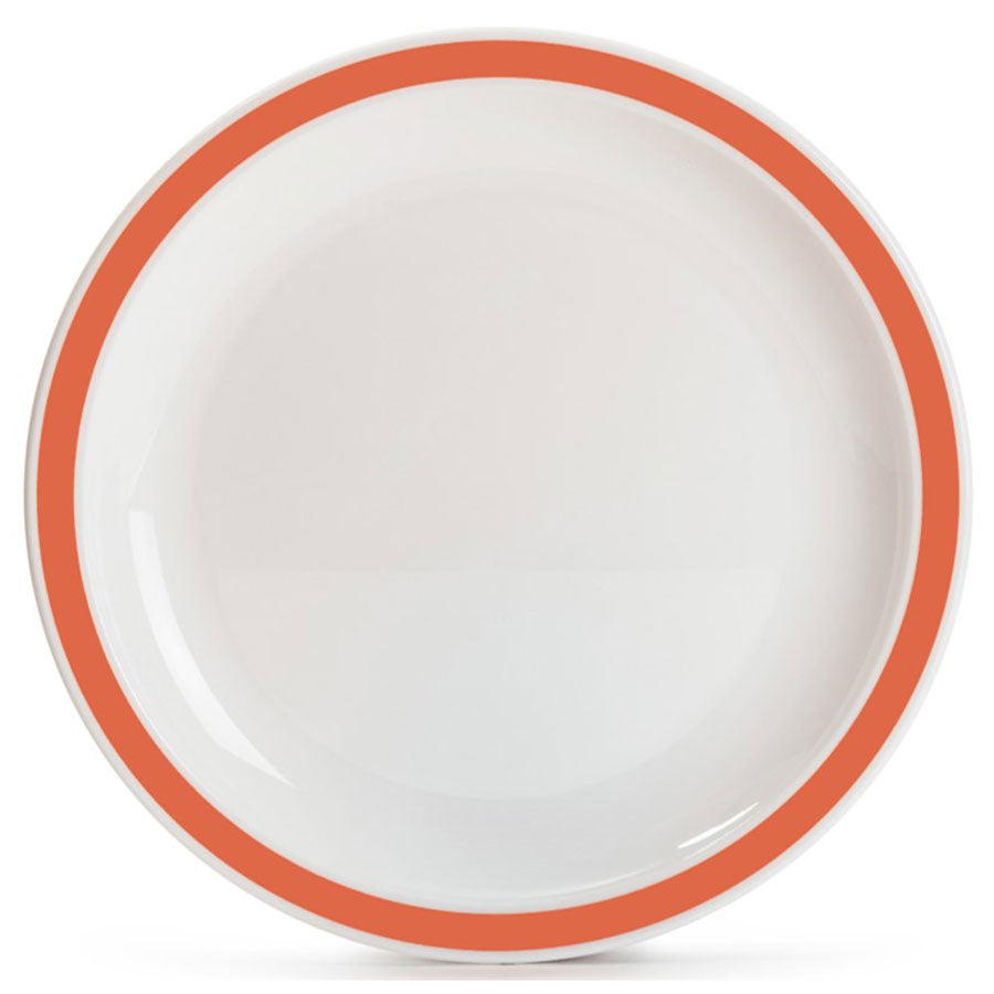 Harfield Duo Polycarbonate White Round Narrow Orange Rim Plate 23cm Pack of 10