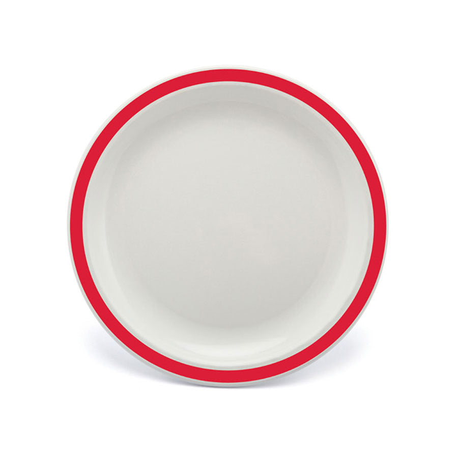 Harfield Duo Polycarbonate White Round Narrow Red Rim Plate 23cm Pack of 10