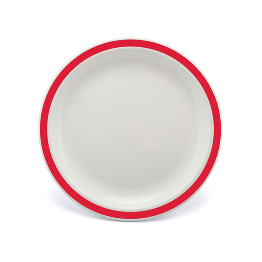 Harfield Duo Polycarbonate White Round Narrow Red Rim Plate 23cm Pack of 10