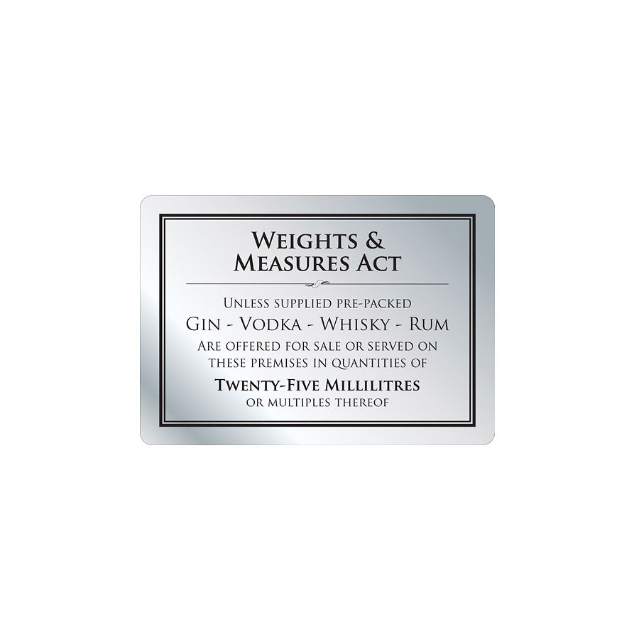 Mileta Silver Aluminium Rectangle Sign - Weights & Measures Act - Spirits 25ml 21 x 14.8cm