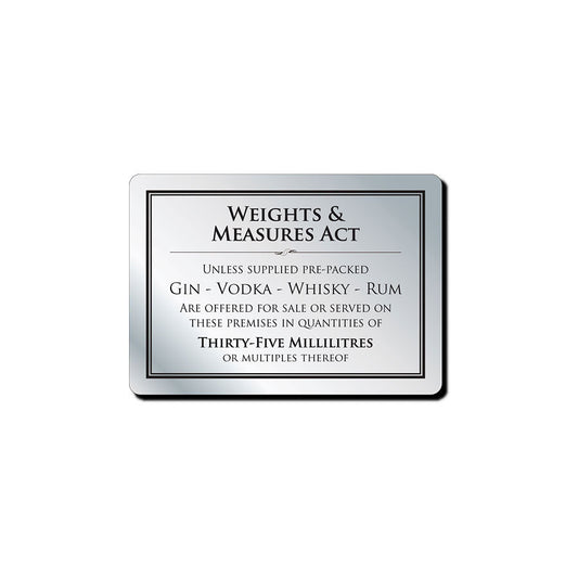 Mileta Silver Aluminium Rectangle Sign - Weights & Measures Act - Spirits 35ml 21 x 14.8cm