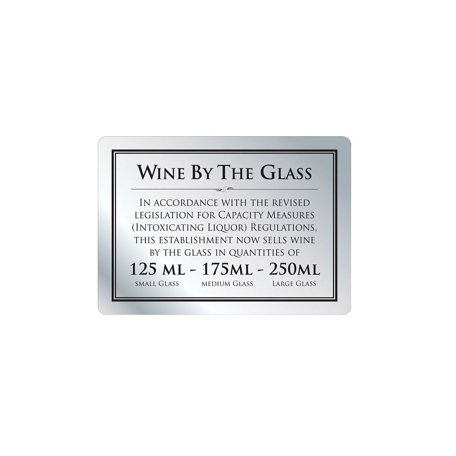 Mileta Silver Aluminium Rectangle Sign - Wine By The Glass 125ml, 175ml & 250ml 21 x 14.8cm