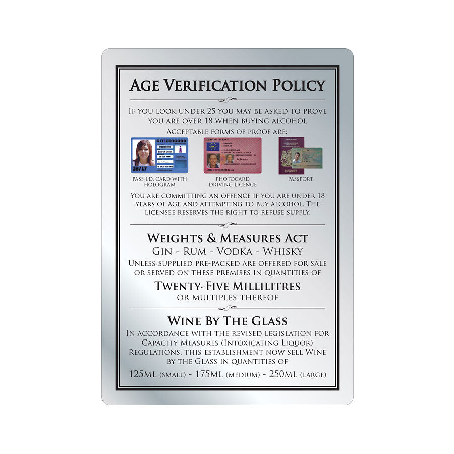 Mileta Silver Aluminium Rectangle Sign - Age Verification Policy Notice 21 x 29.7cm