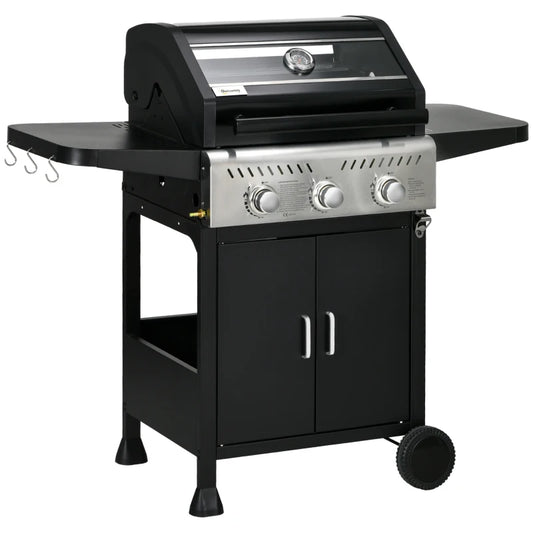 Outsunny 9kW Three-Burner Gas BBQ Grill, with See-Through Lid - Black